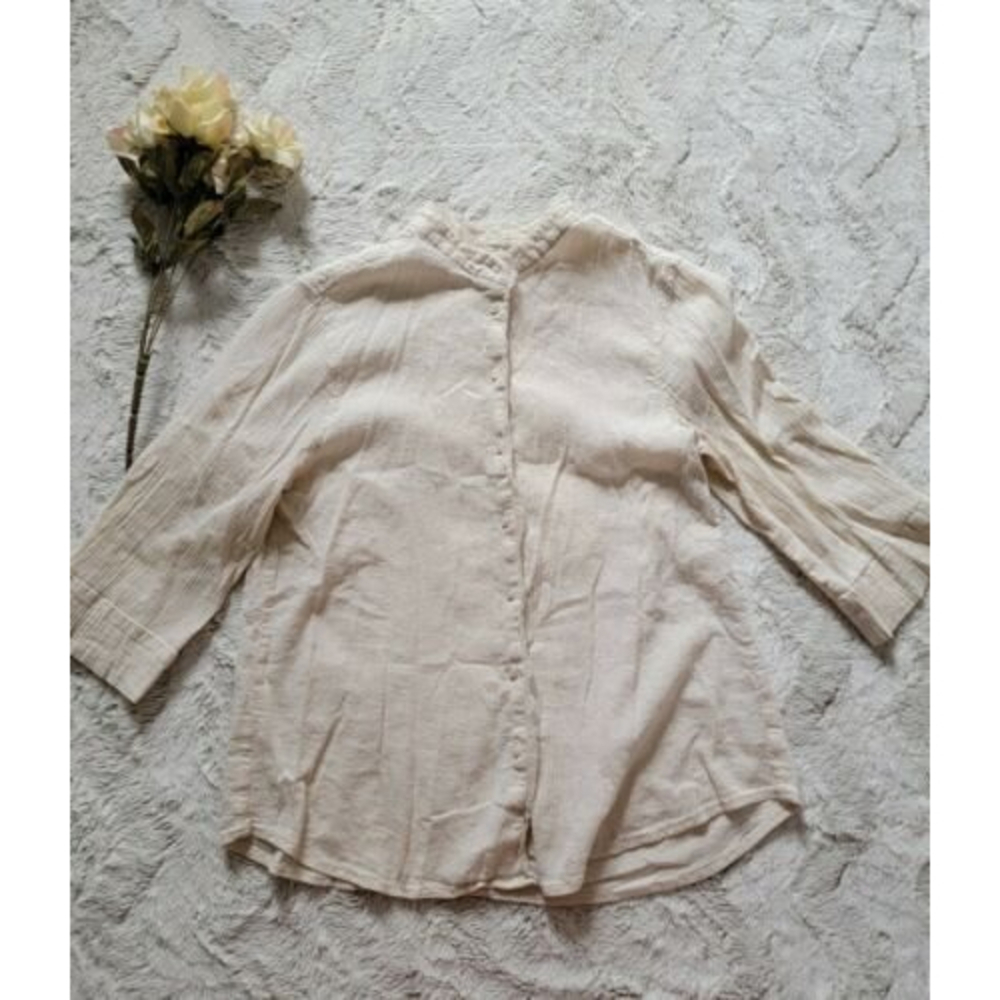 ✨️CL Lemon Grass 100% Cotton Beige 3/4 Sleeve High Collar‎ Blouse Size XL